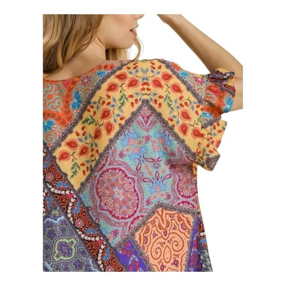 Umgee Mix Print Top Ruffled Short Sleeves XL Mango Mix V-Neck Boho Side Slits - Picture 3 of 9